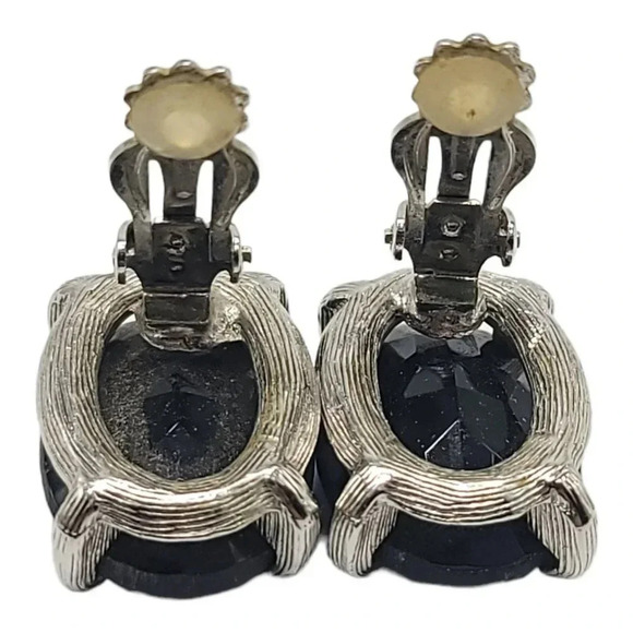 Large Black Oval Faceted Glass Rhinestone Silver Tone Clip On Earrings Vintage - Picture 6 of 6
